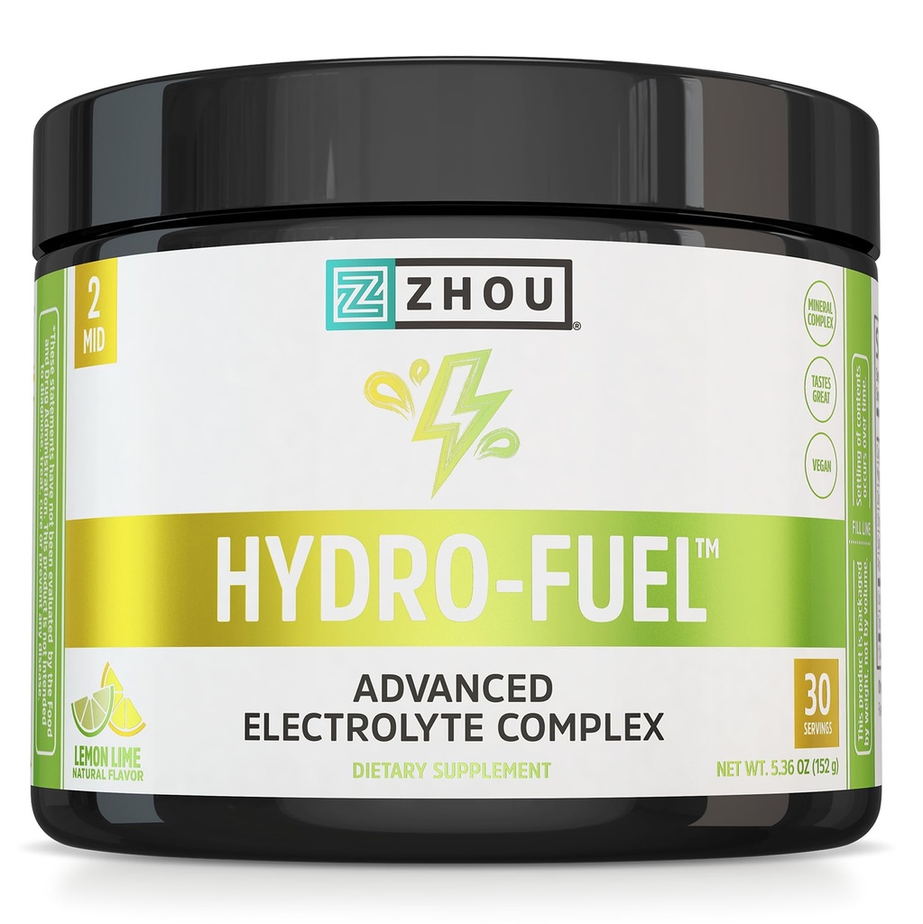 ZHOU Hydro-Fuel - אבקת אלקטרוליטים, משקאות קלים סוכר לערבב w / מגנזיום, Zinc, Potassium & Sodium, חומרים מזינים, מינרלים & קוקוס מים לחלץ, No Sugar - לימון Lime, 5.36 oz (30 משרתים)