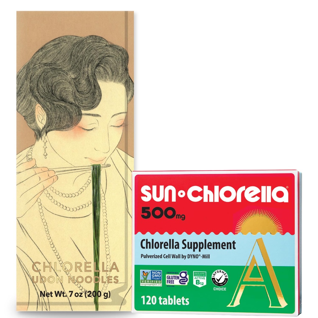 Sun Chlorella Green Goodness Bundle - 500 מ"ג Superfood, Non-GMO 120 טבליות + Udon Noodles Chlorella, מוכן קוק, טבעוני, Vegetarian 7.8oz (4 משרתים)