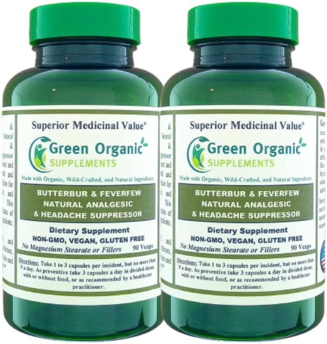 תוספי ירקות אורגניים Butterbur, Feverfew, Analgesic, Painkiller, & Headache Suppressor, 90 VCaps, High Absorbable, non-GMO, Gluten-Free (Pack of 2)