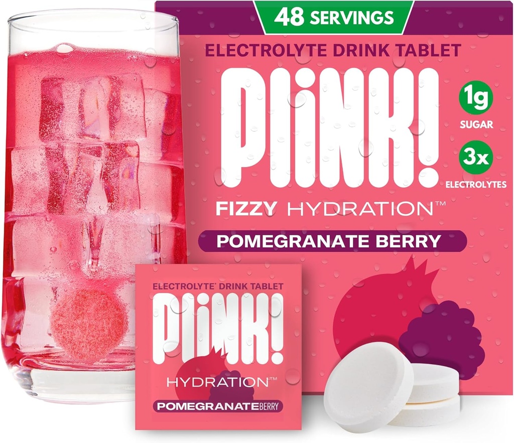 Plink! טבליות Fizzy Electrolyte למבוגרים ולילדים - Pomegranate Berry, 48ct - משפחה-ידידותית הידרציה יומית - סוכר נמוך, טבעוני, Keto Friendly, non-GMO