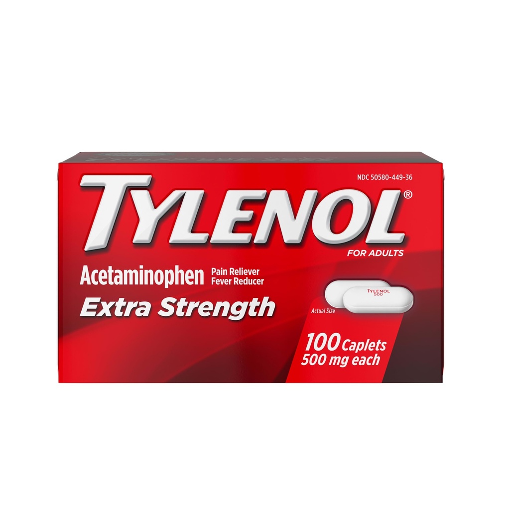 Tylenol תוספת כאבי כאב גלולות, Acetaminophen 500 מ"ג Caplets, כאב Reliever ו Fever להפחית תרופות עבור כאבי ראש, כאבי גב, Toothache & Minor דלקת פרקים, 100 Countבק