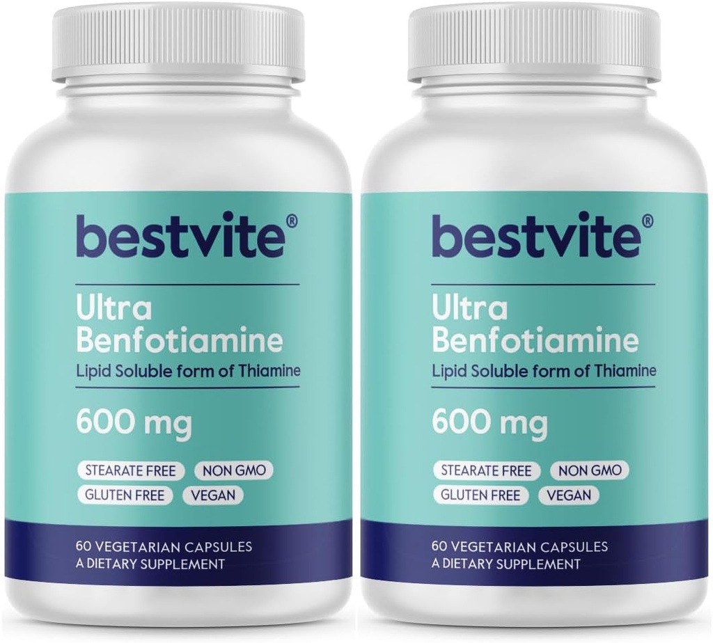 Ultra Benfotiamine 600 מ"ג לקפסולה (120 קפסולות צמחוניות) (60x2) No Stearates - No Silicon Dioxide - טבעוני - Non GMO - Gluten Free - כוח מקסימלי Benfotiamine