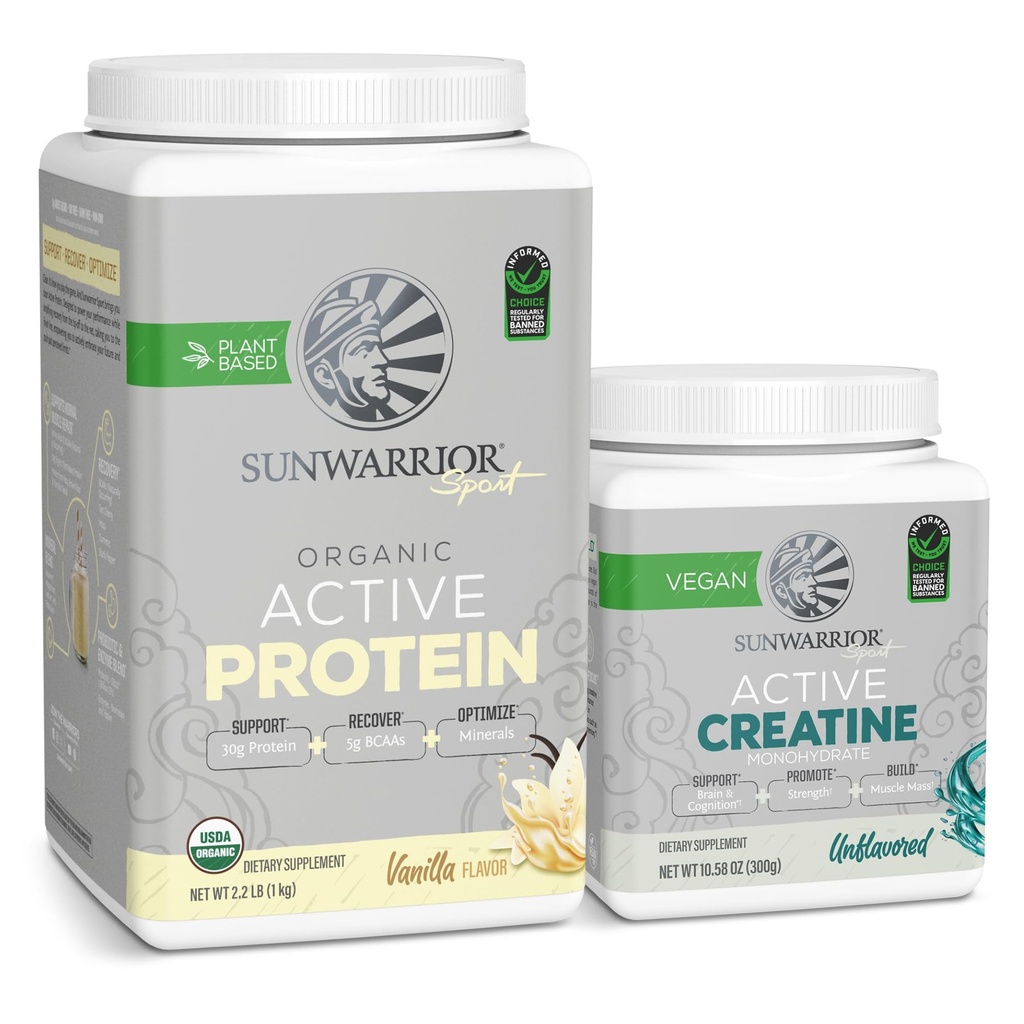 Sunwarrior Creatine אבקה & Vanilla Active אורגני אבקת Set | Bundle & Save | חלבון טבעוני Plus Unflavored Creatine Monohydrate (60 משרתים Unflavored, 20 משרתים Vanilla)