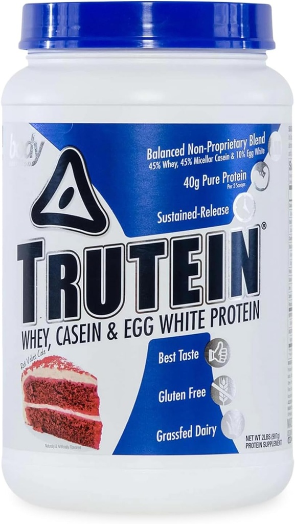 אבקת חלבון גבוהה גוף Trutein גבוה חלבון: 45% Whey, 45% מקרהין, 10% ביצה לבן, Gluten-Free, Low Sodium, Grass פד Whey חלבון אבקת, תוספת התעמלות & ארוחת בוקר Shake, Red Velvet Cake, 2lb