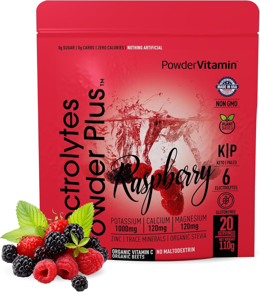 אבקהVitamin אלקטרוליט אבקת פלוס (20 משרתות) אבקת Raspberry Electrolyte אבקת Zero Calorie Keto,0 סוכר, No Maltodextrin, 1000mg Potassium, 120 מ"ג Calcium, 120 מ"ג מגנזיום, מלח ההימלאיה ורוד