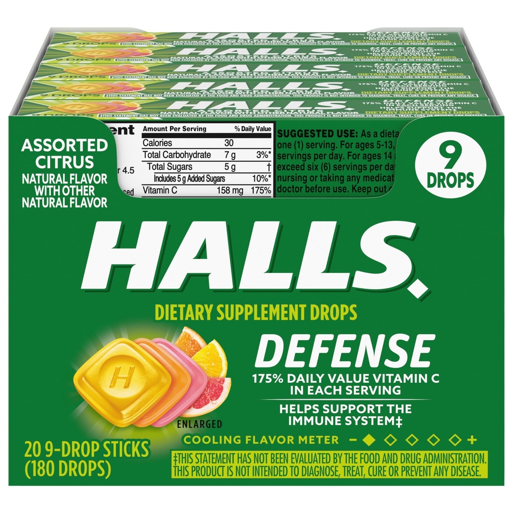 HALLS Defense Assorted Citrus ויטמין C Drops, 20 מקלות של 9 טיפות (180 טיפות מוחלטות)