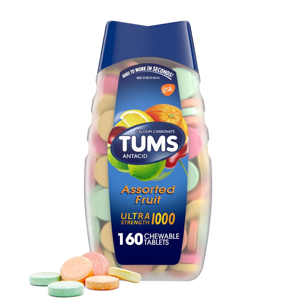 TUMS Ultra Power Antacid Tablets עבור צ 'כיפוף לבבורן הקלה ו Acid Indigestion הקלה, פירות Assorted - 160 הרוזן