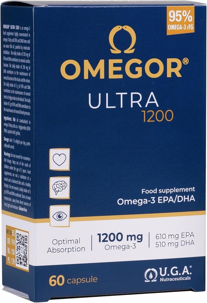 OMEGOR אומגה 3 דגים שמן 1200 מ"ג Ultra - 610 מ"ג EPA ו 510 DHA אומגה3 IFOS Certified - High Bioavailability and No Aftertaste (60 Caps)