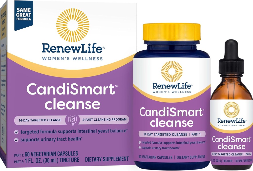 Renew Life Adult Cleanse - CandiSmart - 15Day Yeast Cleansing Program - 2Part Kit - Gluten & Milk Free - 60 קפסולות צמחוניות + 1 Fl. Oz.