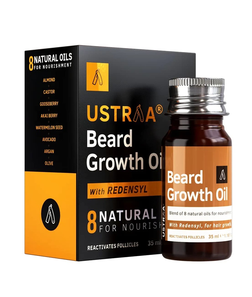 USTRAA Beard Growth Oil - 1.18 Oz - עוד גידול בר, עם Redensyl, 8 שמנים טבעיים כולל שמן JoWorka, ויטמין E, Nourishment & חיזוק, לא כימיקלים חמורים