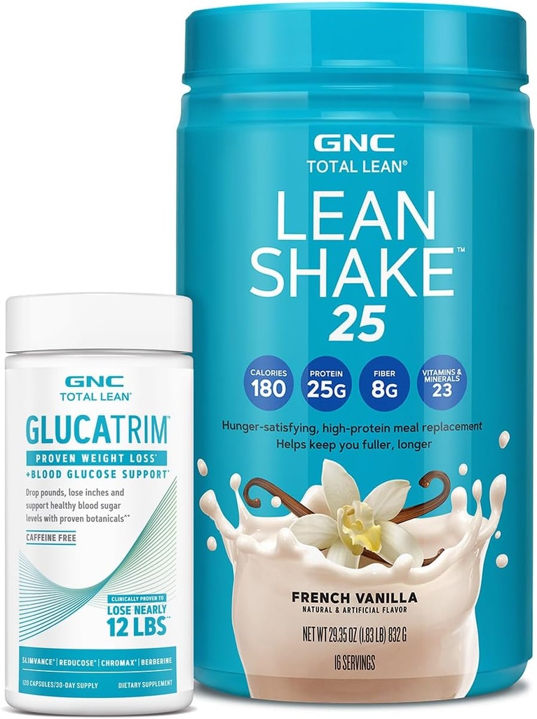 GNC Total Lean GlucaTrim - 120 קפסולות (60 משרתות) + GNC Total Lean | Lean Shake 25 אבקת חלבון | High-Protein Meal החלפת Shake | French Vanilla | 16 משרתים