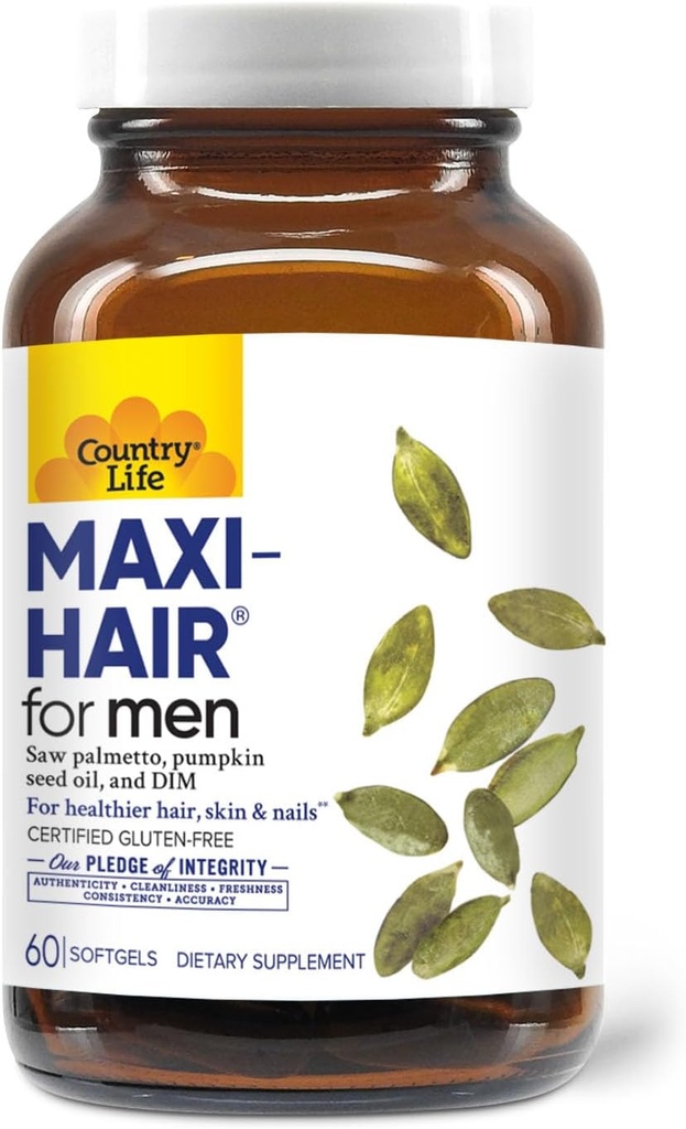 המדינה חיים Maxi-Hair עבור גברים - 2000mcg Biotin, Saw Palmetto, Pumpkin Seed שמן, DIM, Potassium, Magnesium, Calcium & Zinc בלנדר - תומך שיער בריאותי, Scalp, Skin & Nails, 60 קפסולות טבעוניות טבעוניות