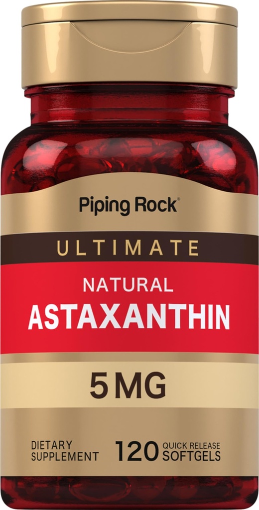 Piping Rock Astaxanthin תוספת 5 מ"ג | 120 קפסולות Softgel | מתוך Haematococcus Pluvialis Algae Extract