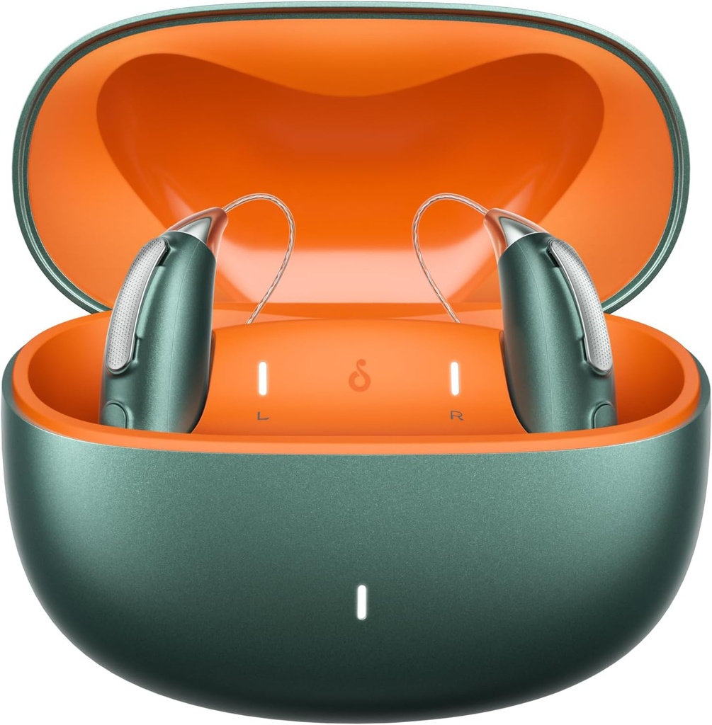 Rechargeable Bluetooth Hearing Aids for Mild to Severe Hearing Loss - OTC - Smart Fitting - RIC (Receiver-in-Canal) עיצוב עם Noise Reduction - כולל Box, ירוק