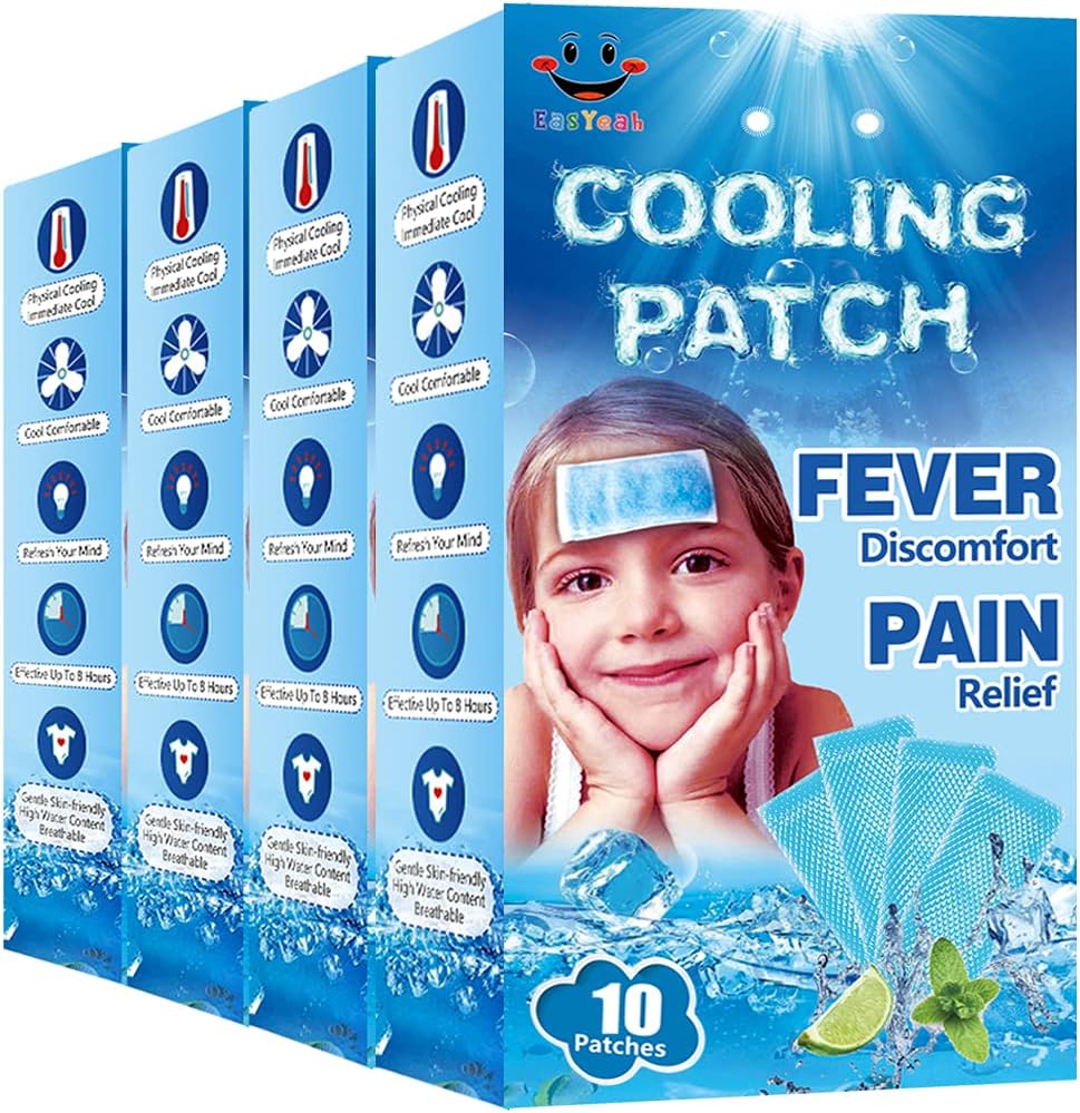 40 Sheets Easכן Cooling Patches עבור Fever Discomfort & Pain הקלה, Cooling Relief Fever להפחית, Soothe Headache Pain, 10 Count Per Box (4 Boxes)