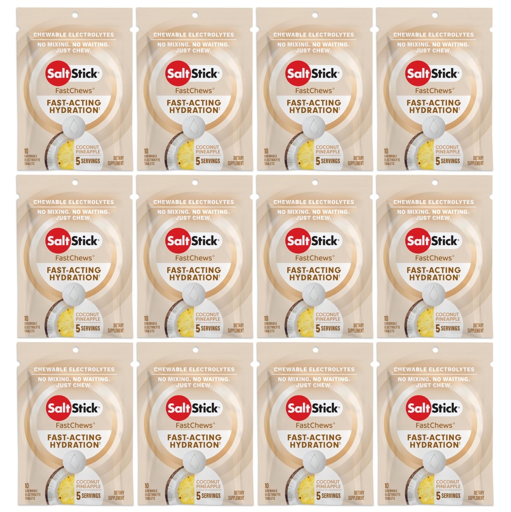 SaltStick Electrolyte FastChews - 120 Count קוקוס Pineapple Flavor - טבליות אלקטרוליטיות עבור הידרציה, מלח טאפס - 10 Count (Pack of 12)