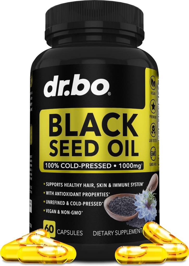 Black Seed Oil Capsules Vegan - Pure Cold Pressed Black Seed Oil Nigella Sativa Cumin for Skin & Hair Health, 500mg, 1000mg Per 2 Capsule Serving Blackseed Liquid Capsules Halal - 60 Softgels Pills