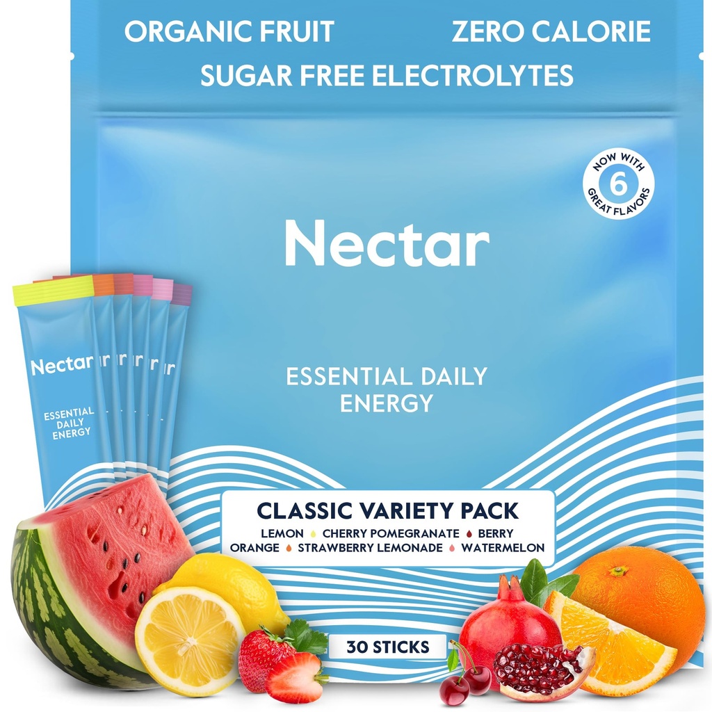 Nectar אנרגיה Booster - אורגני Caffeine, B12 & אלקטרוליטים - סוכר חינם & Zero Calorie - קפה בריא, משקאות אנרגיה & סודה אלטרנטיבה - הידרה ואנרגיה (Variety 30 אבקת Packets)
