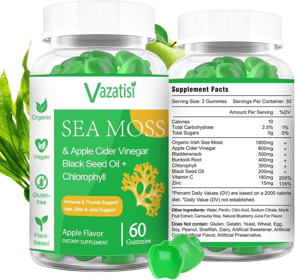 2 Pack Irish Sea Moss Gummies with Black Seed Oil, Chlorophyll - Thyroid, Mood, Energy & Immune Support - נשים וגברים, מבוגרים וקיד - 120 חניכיים טבעוניות