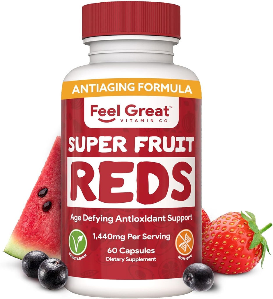 הרגישו בויטמינים גדולים Superfruit Reds - Antioxidant Superfood with Polyphenols for Anti-Aging & Immune Support - Acai, Mosteen, Pomegranate, Blueberry & הרבה יותר - 60 קפסולות