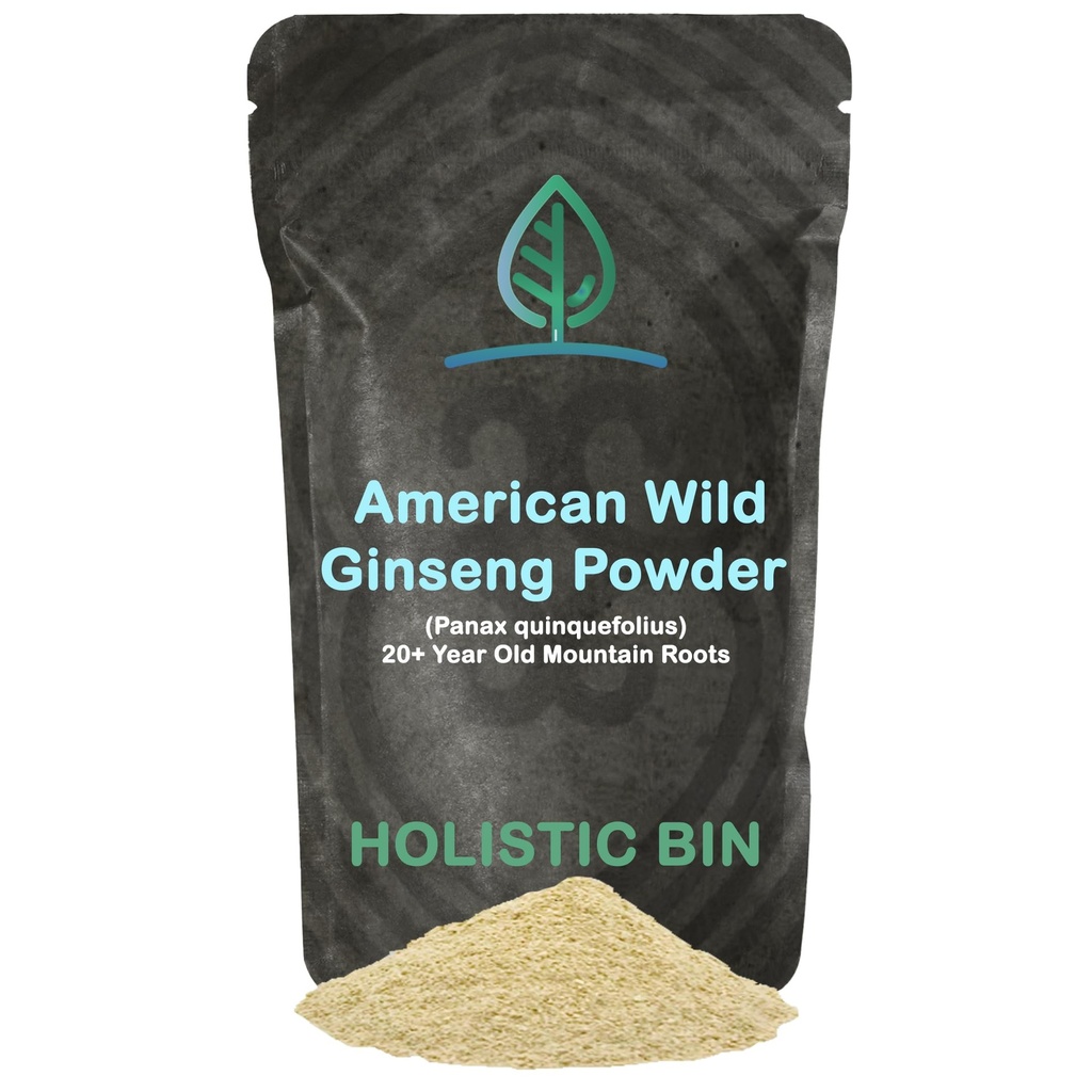 Holistic Bin Wild American גינזנג אבקה אורגנית טהורה ג'ינסנג עשוי עם Wild Harvested 20 + שנה שורשים ישנים של Appalachia (Panax Quinquefolius) | No Fillers or Addits (25 גרמים)
