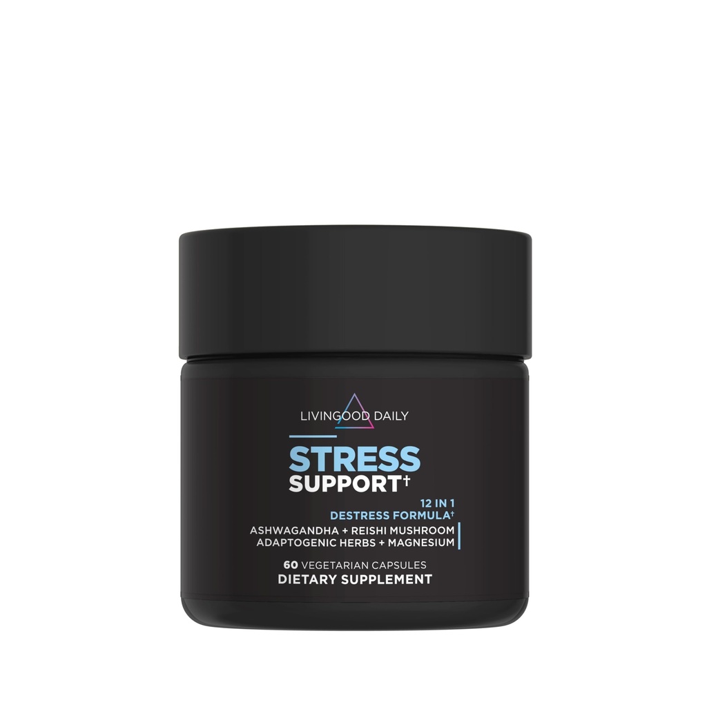 Livingood Daily Stress Support, 12-in-1 תוספת עם Ashwgandha, Reishi Mushroom, ויטמין B6, ה-Hbs & Magnesium, תומך Mood & Calm, Gluten Free, טבעוני, 60 קפסולות צמחוניות