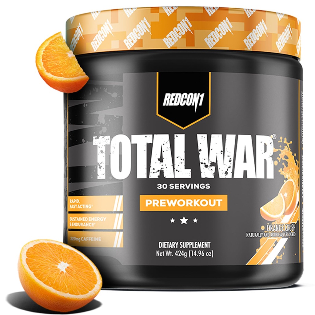REDCON1 Total War Pre Workout, Orange Crush - מכיל 320 מ"ג של Caffeine מ תה ירוק, Joiper & Beta Alanine - Pre Work Out with Amino Acids כדי להגדיל את משאבה, אנרגיה + אנדורנס (30 משרתים)