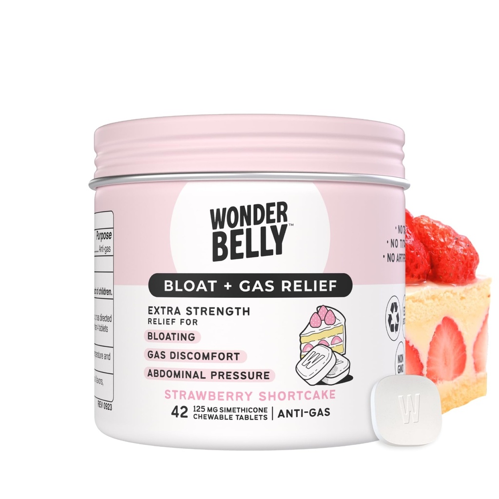 Wonderbelly Bloat + Gas הקלה, טבליות תוספת כוח צ'וגבל, עם 125 מ"ג Simethicone, No Talc או Dye, Strawberry Shortcake, 42 Count