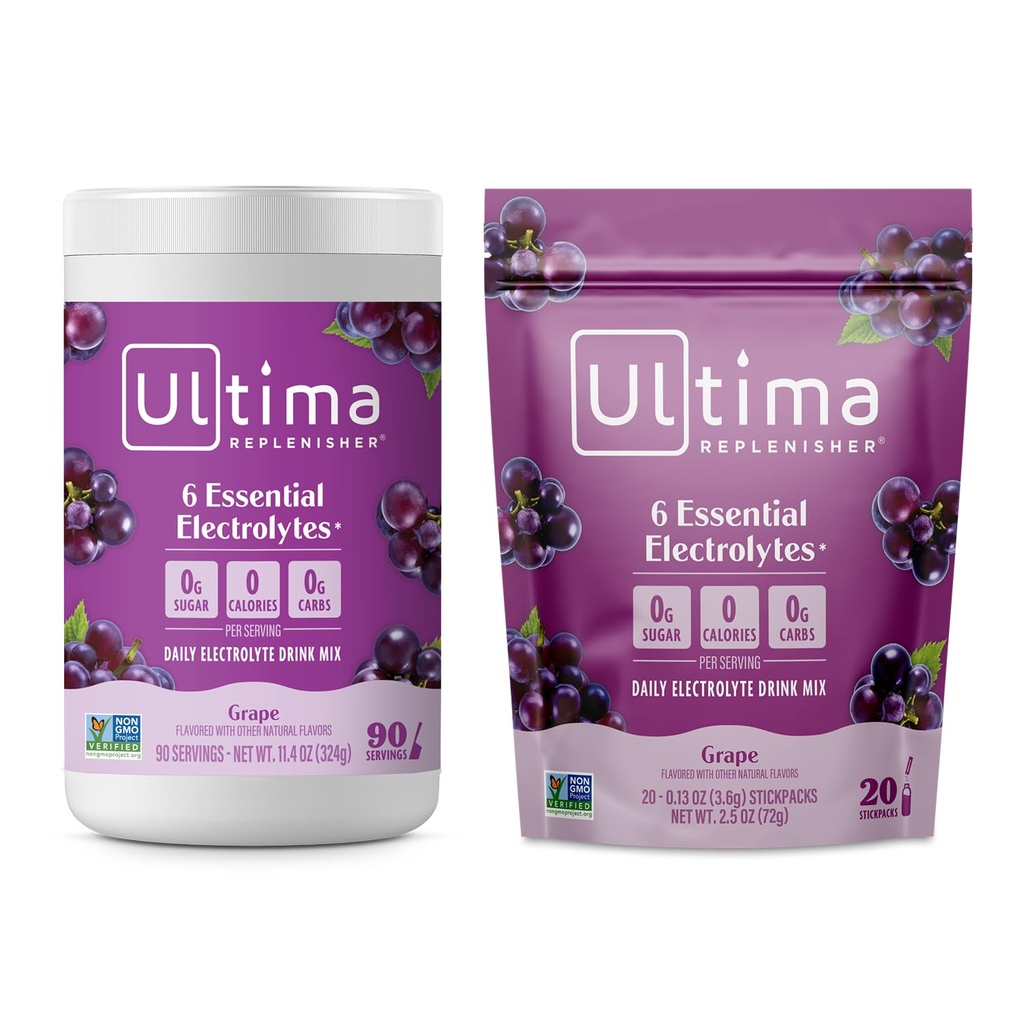 Ultima Replenisher Electrolyte אבקת לשתות Mix Bundle - סוכר חינם - Grape, 90 משרת Canister ו 20 Stickpacks - 6 אלקטרוליטים ומינרלים - Keto Friendly, טבעוני, non-GMO