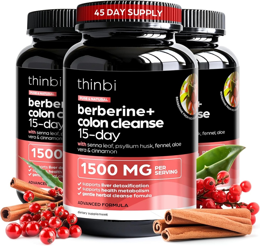 קולון ניקוי Berberine תוסף 1500 מ"ג - 3 Pack - 15 יום תוספת כוח עבור גברים ונשים w / Senna Leaf, Fast-Acting Natural Laxative for Constipation Relief, Gut Health -Made בארה"ב
