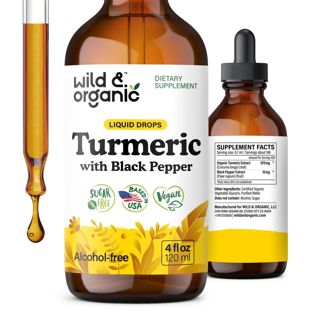Wild & אורגני Turmeric Tincture - Turmeric Curcumin עם Black Pepper לחלץ - תוספי תמיכה ניידות - Curcumin Root נוזל טיפות - טבעוני, סוכר ואלכוהול חינם - 4 oz