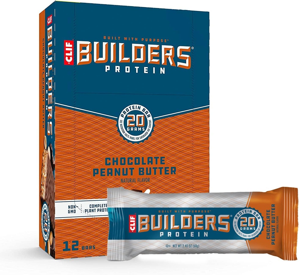 Clif Builders - Milk Bars - Chocolate Peanut Butter Flavor - 20g חלבונים - Gluten Free (2.4 Ounce, 12 Count)