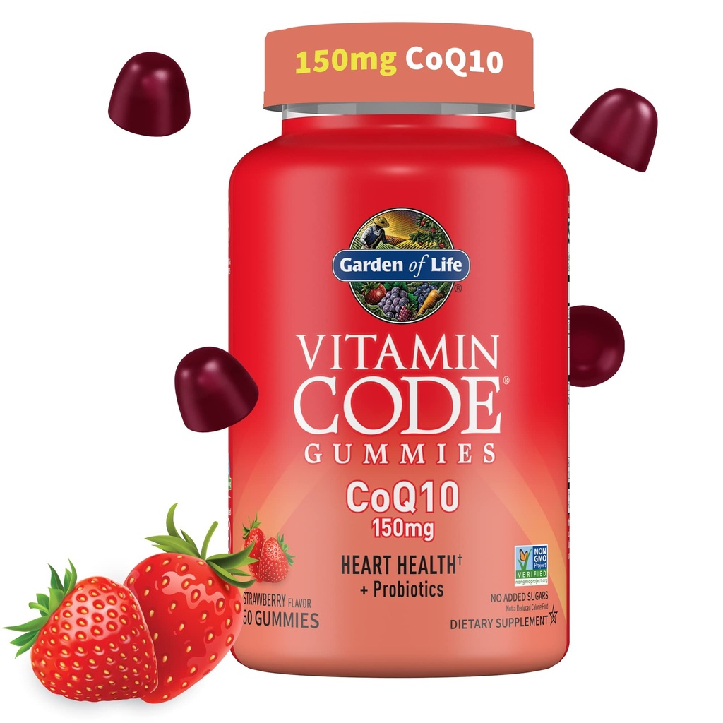 Garden of Life ויטמין Code CoQ10 Gummies 150 מ"ג, Coenzyme Q10 לבריאות הלב, ייצור אנרגיה והזדקנות בריאה + Prebiotics & Probiotics for Digestion, Non-GMO, Gluten-Free, 60 Strawberry חניכיים