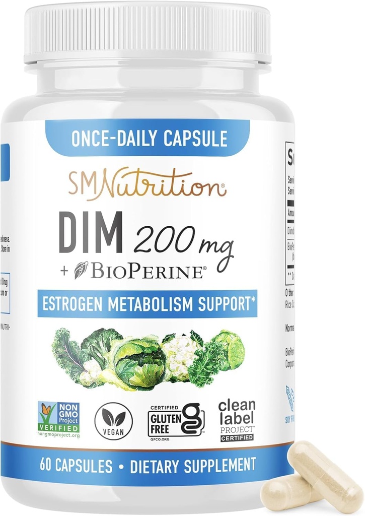 תוספת 200 מ"ג | Estrogen Balance for Women & Men | Hormonal Acne, הורמון איזון, Menopause & Antioxidant תמיכה | פרויקט תוויות נקי מוסמך, טבעוני & Soy Free Diindolylmethane | 60 Ct.