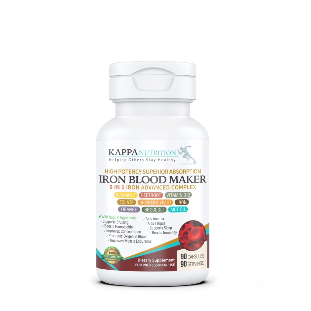 KAPPA NUTRITION 26 מ"ג, ויטמין C & Orange 150 מ"ג, Folate 667mcg DFE, ויטמין B12, Beetroot, Brewers Yeast, Broccoli & MCT שמן 9 ב 1 מורכב (90 קפסולות)