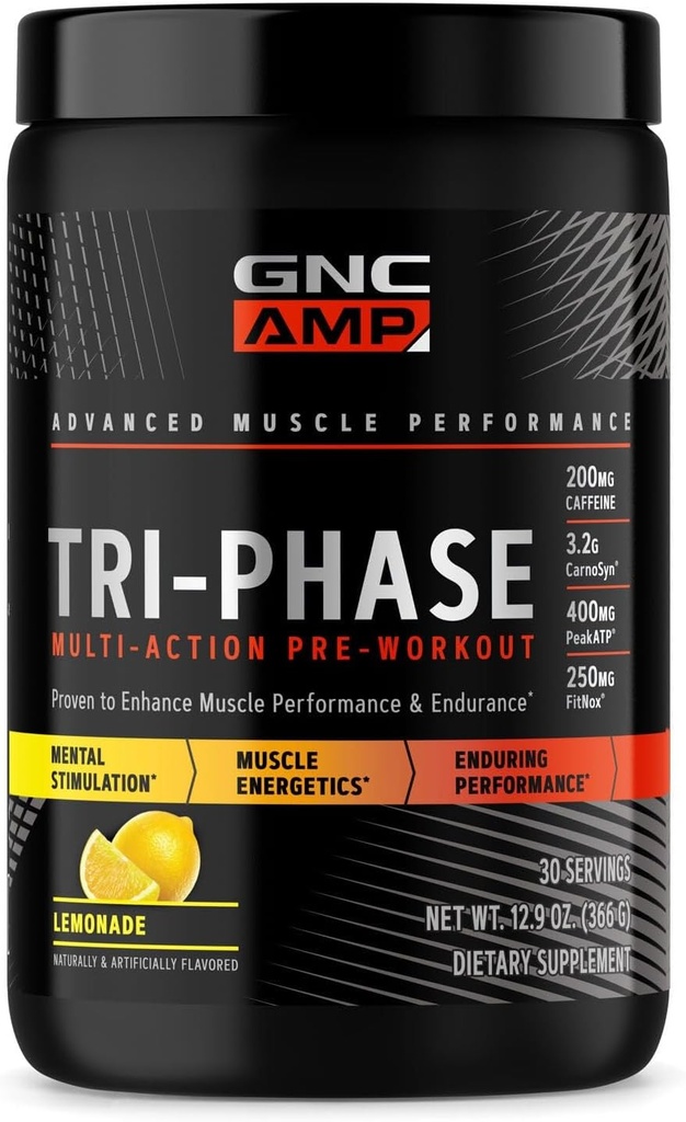 GNC AMP Tri-Phase Multi-Action Pre-Workout - Lemonade (30 משרתים)
