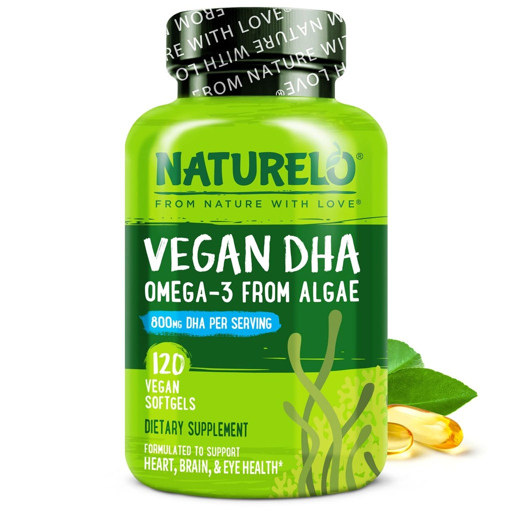 NATURELO טבעוני DHA - אומגה 3 שמן מאלגה - תוספת למוח, לב, משותף, בריאות העין - מספק חומצות שומן חיוניות עבור נשים וילדים - משלימה ויטמינים טרום לידתי - 120 Softgels