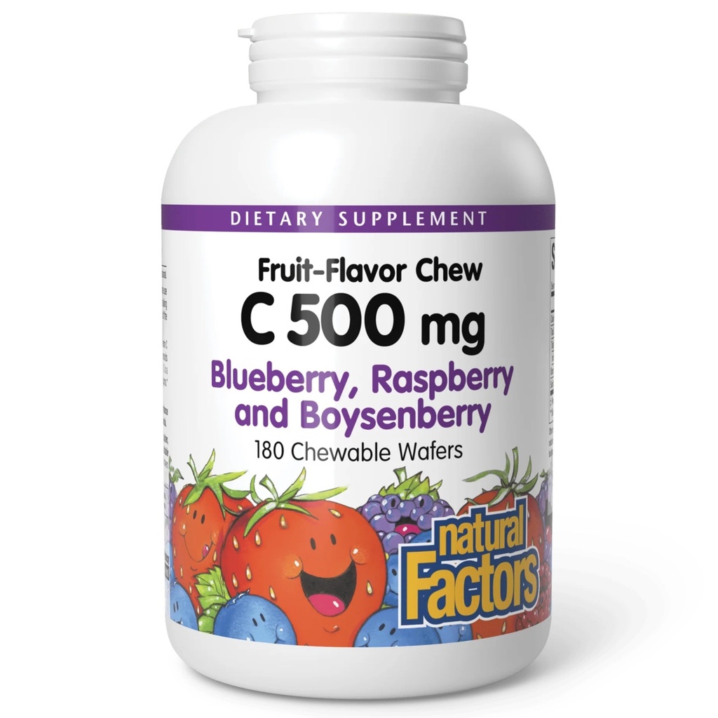 Natural Factors Kids Chewable ויטמין C 500 מ"ג, תומך בבריאות החיסון, העצמות, השיניים וחניכיים, Blueberry, Raspberry ו- Boysenberry, 180 Wafers
