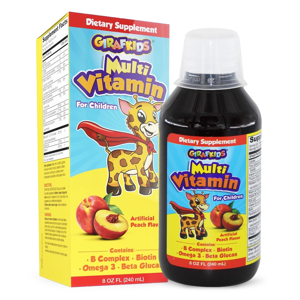 GirafKids נוזל Multivitamin לילדים בגילאים 4, 8oz - ויטמין ילדים יומי עם ביוטין, ויטמין A, B Complex, Folic Acid, אומגה 3 & Beta Glucan - דיאטת תוספת לילדים צמיחה ואנרגיה