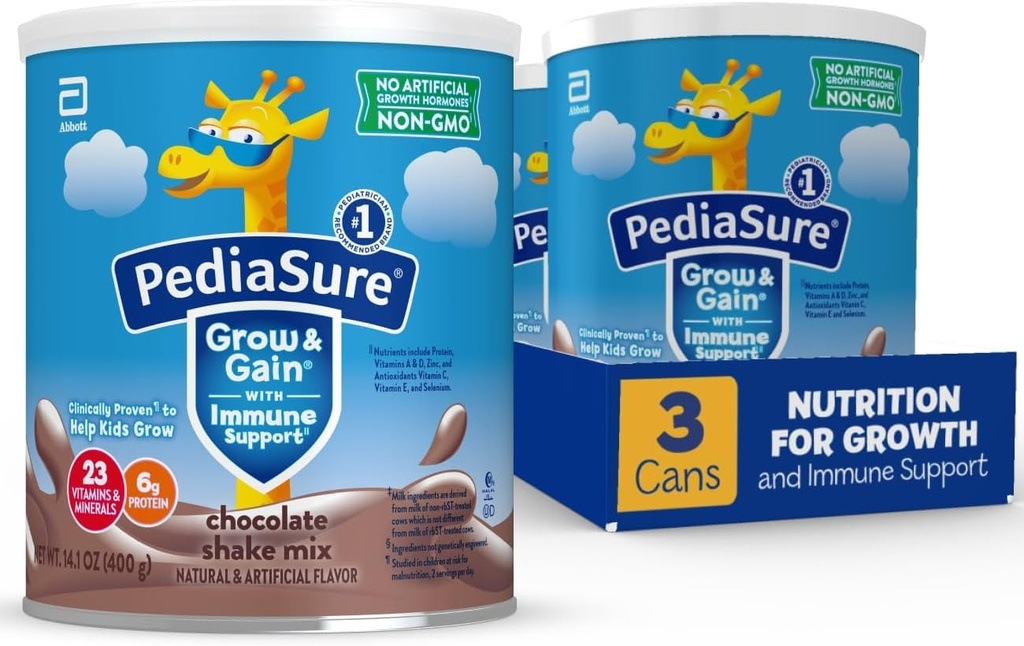 PediaSure Grow & Get with Immune Support Shake Mix, 23 ויטמינים ומינרלים, 6g חלבון, non-GMO, Gluten-Free, שוקולד, 14.1 oz יכול, Pack של 3-24 מנות
