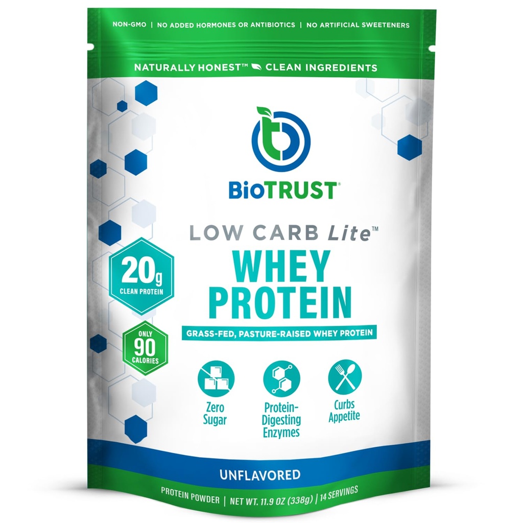 BioTrust Low Carb Lite, Low Calorie חלבון אבקת - Low Carb, Sugar Free, Low Sodium, Keto חלבון אבקה - 20g Grass-Fed Whey חלבון Isolate עם Enzymes - Unflavored, 14 משרתים