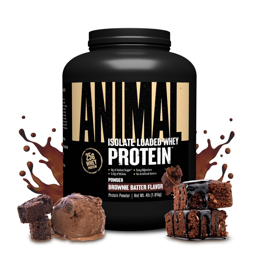 Animal Whey Isolate אבקת חלבון - נטען עבור Pre & Post Workout שריר בונה ושיקום עם Enzymes העיכול עבור גברים ונשים - 25g חלבון, טעם גדול, סוכר נמוך - Brownie Batter 4 lbs