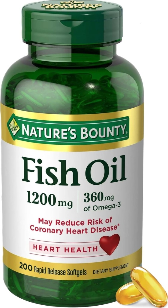 שמן דגים Bounty Fish אומגה 3 - תומך בריאות הלב, 1200 שמן דגים, אומגה 3, 200 Softgels (Pack of 1)