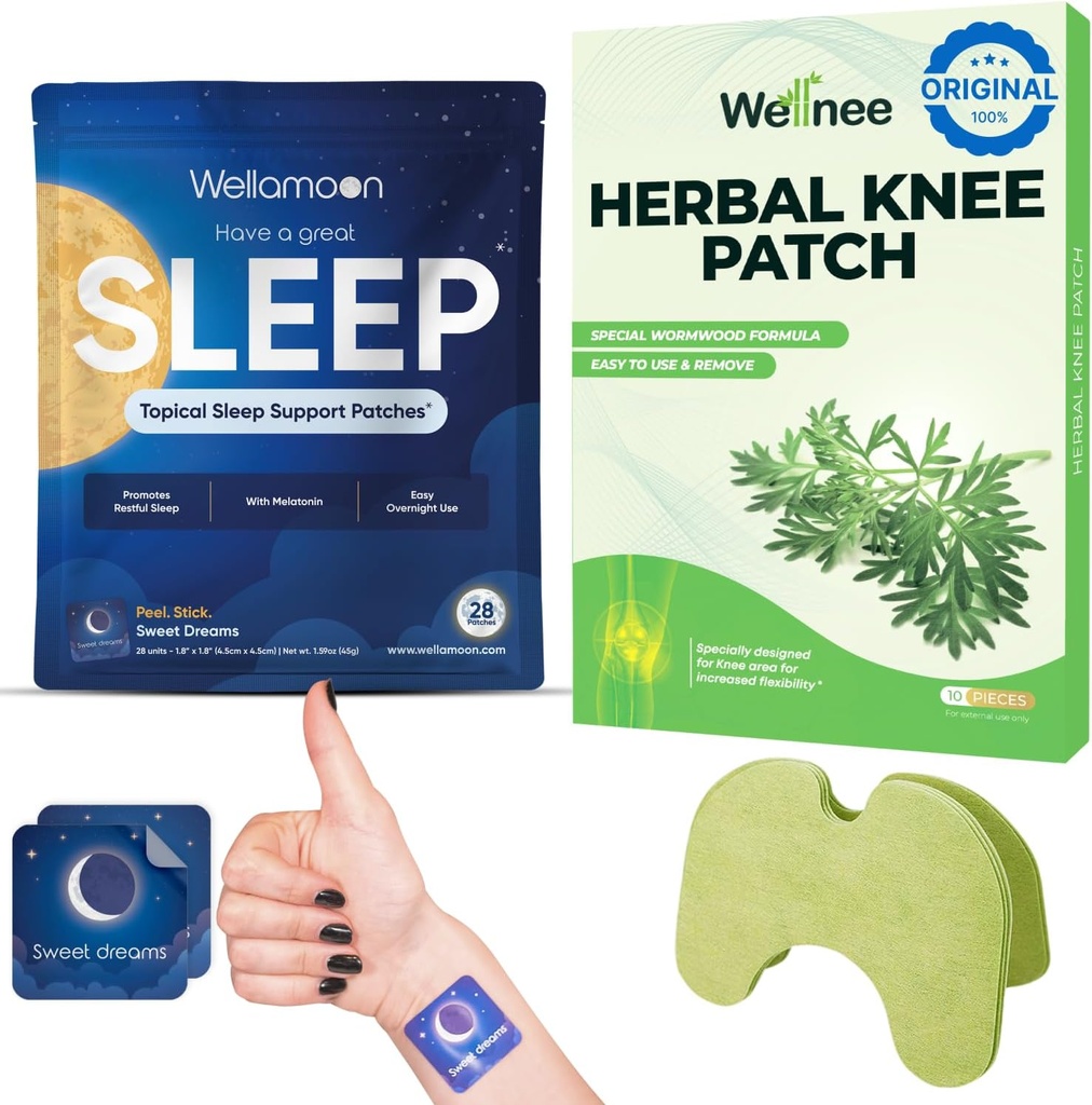 Wellnee & Wellamoon Wellness Pack: Herbal Knee Patches (10 Count) & Natural Sleep Support Patches (28 Count) - נוחות משותפת ושרירים עם שינה מבוססת צמחים