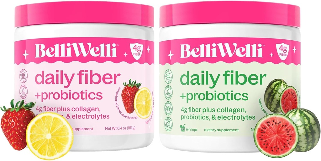 Belli Welli Daily סיבים תוסף Bundle - Strawberry Lemonade & Watermelon - Collagen, Probiotics & Electrolytes for Balanced Wellness - רענון פלברס, 32 משרתות Totals