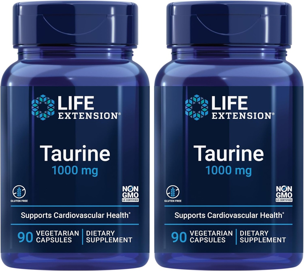 Life Extension Turine, Pure Tairine Amino Acid תוסף, Heart, Liver and Brain Health, Longevity, השרירים והאימון, 1000 מ"ג מנה, non-GMO, Gluten-Free - Two Pack - 90 קפסולות צמחוניות x 2