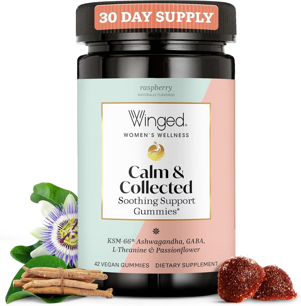 Winged Wellness Calm & Collected, Stress Relief Gummies - תוספת תמיכה מתח עם KSM-66 Ashwagandha, L-theanine, GABA & Passionflower - טבעוני & Gluten-Free Gummy - Raspberry, 42 הרוזן הרוזן ספירה