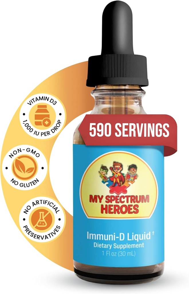 My Spectrum Heroes - Immuni-D Liquid Vitamin D3 Supplement, 1000 IU Per Serving, Gluten-Free, Tasteless Vitamin Liquid, Aids in Mineral Absorption for Kids & Adult - 1 FI oz (30 mL)