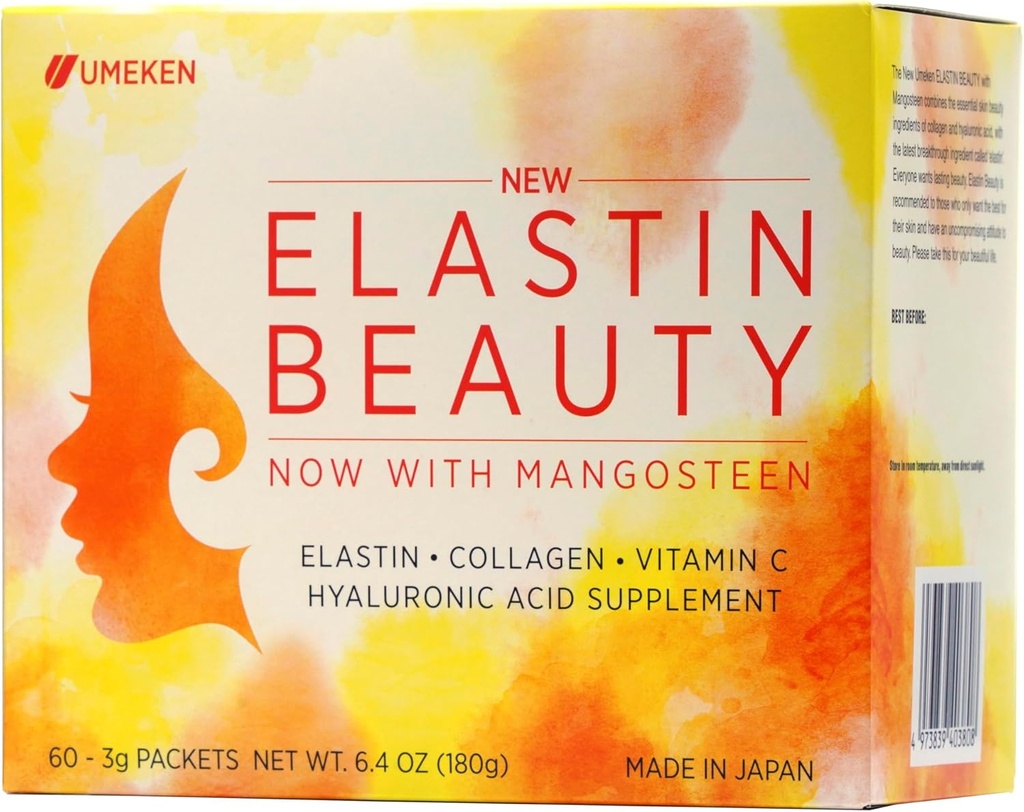 Umeken Elastin Beauty אבקת תוספת עם Collagen Peptides, Hyaluronic Acid, ויטמין C ומנגוsteen פירות, בריאות נשים ובריאות, 1 חודש אספקה, 60 Packets