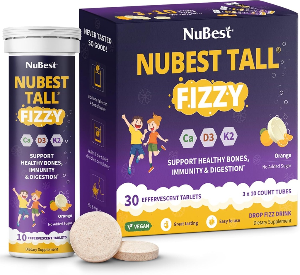 Nu Best Tall Fizzy - עצם כוח, חסינות, בריאות העיכול לילדים גיל 4 & Teens | Probiotic, Calcium, Magnesium from Red Marine Algae, ויטמינים | 30 Orange Efferscent Tablets | Pack 3